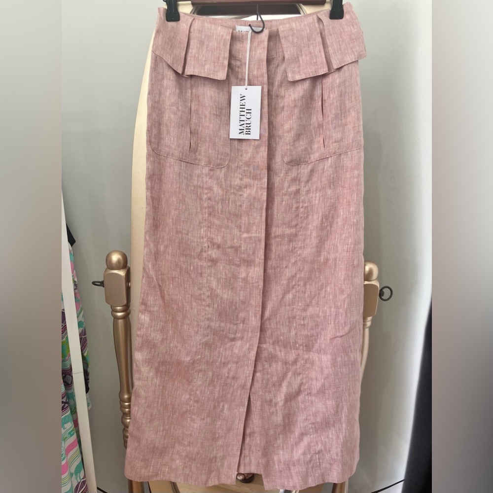 Matthew Bruch 100% Linen skirt cargo midi Pink size 1 made in USA never worn tag